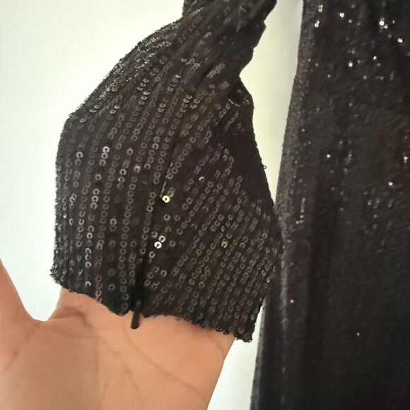 NWT Ieena for Mac Duggal Black Sequin Faux Wrap Long Sleeve Ruched Gown Sz 12 - Picture 6 of 10